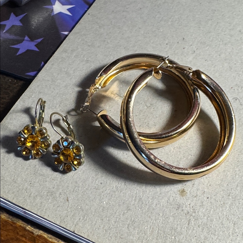 Gold Tone Hoop and Yellow Gem Earrings Set